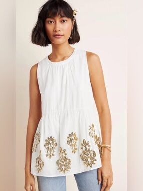 Anthropologie White Tank Top with Gold Embellishment